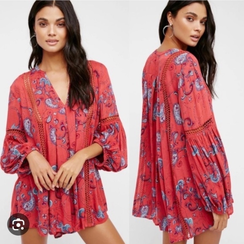 Free People Red Paisley Tunic Top